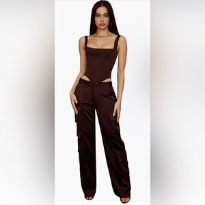 HOUSE OF CB 'Daria' Chocolate Satin Cargo Trousers/Size S-US 4-6 $169